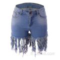 short en jean à pompons pour femme